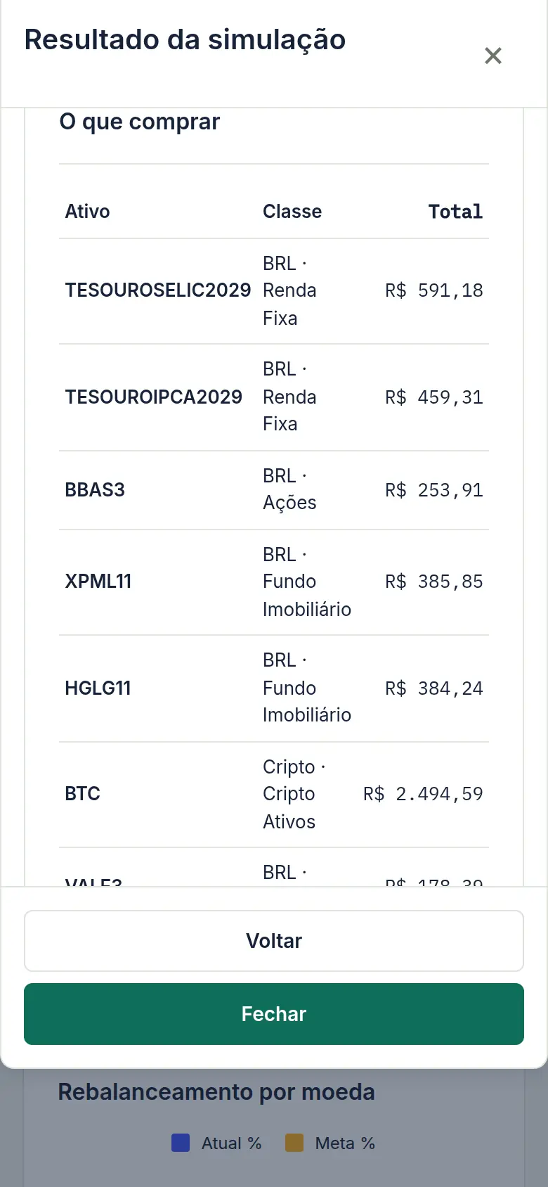 Tela de simulação de aporte mostrando onde o valor entra em cada classe de ativo
