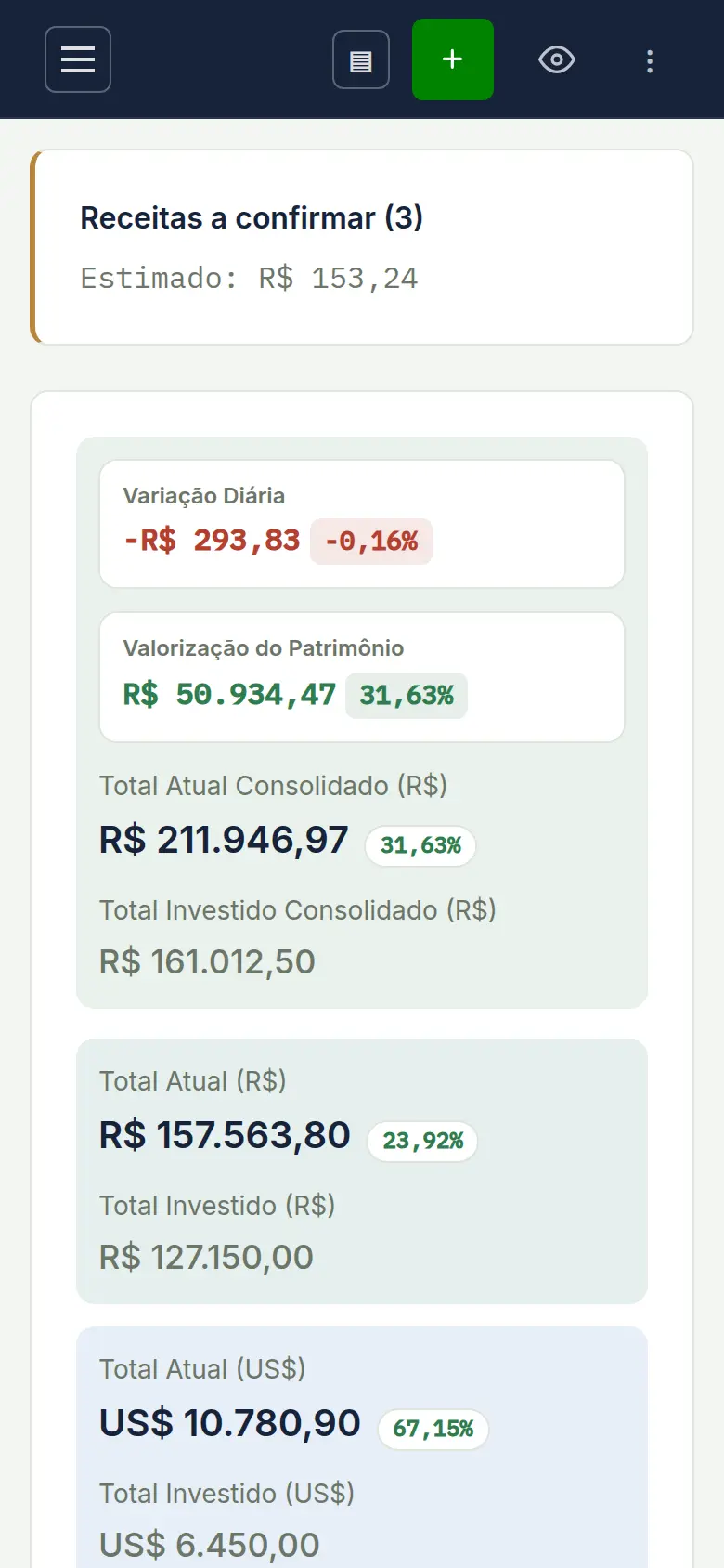 Painel do Mapa do Investidor PRO com patrimônio, rentabilidade e alocação de uma carteira de exemplo