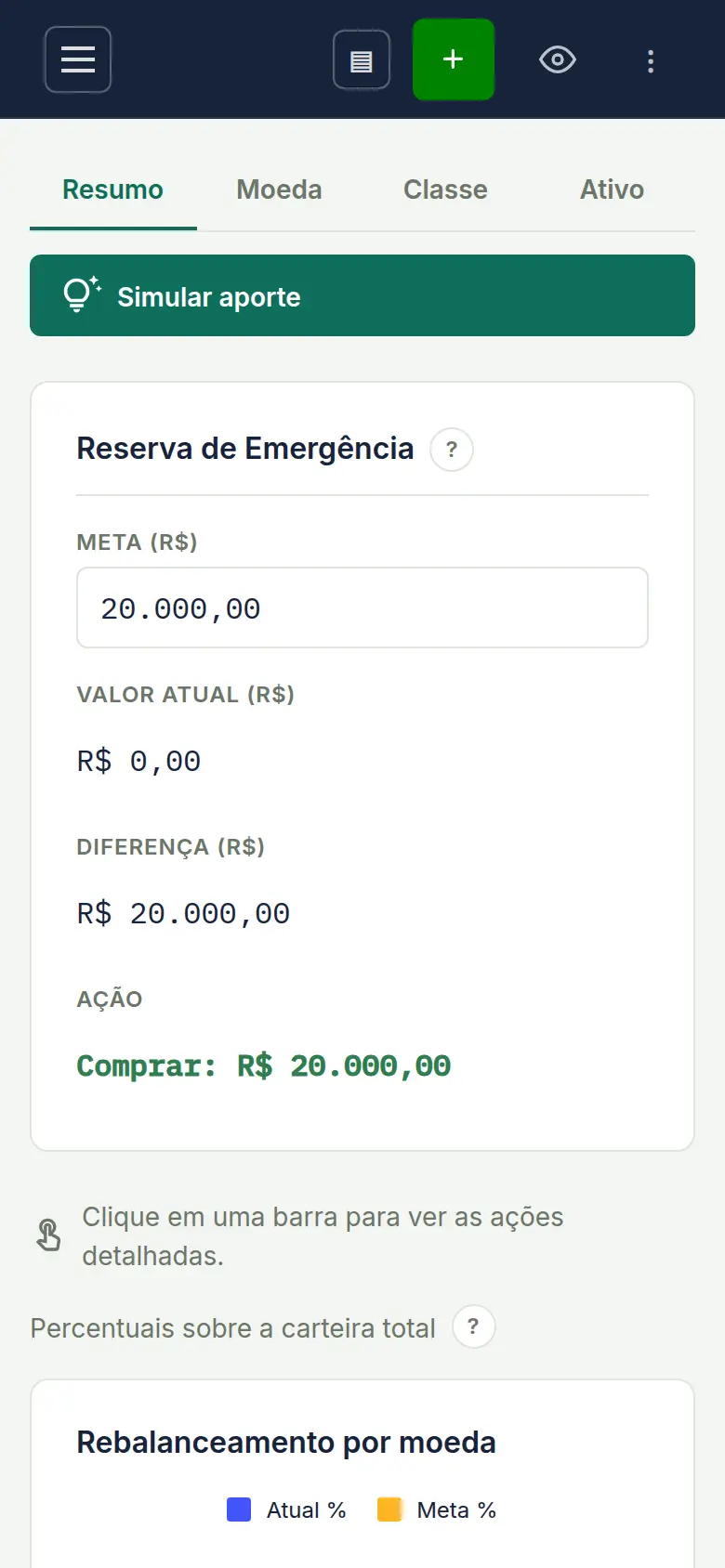 Tela de estratégia com metas e rebalanceamento por classe de ativo