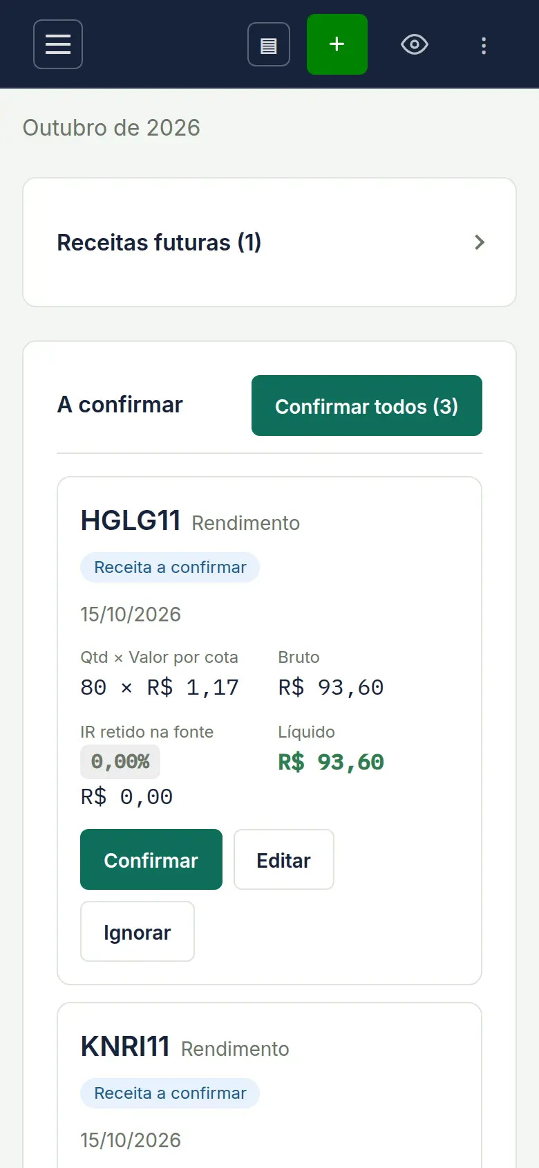 Tela de receitas com proventos detectados prontos para confirmar